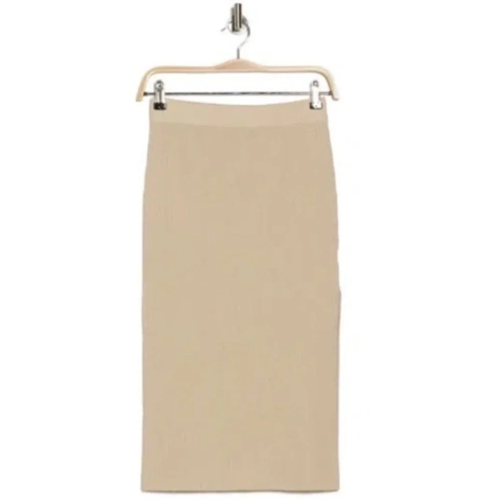 Abound Ribbed Maxi Skirt Womens XL Beige Elastic Waist Back Slit Cotton Blend‎